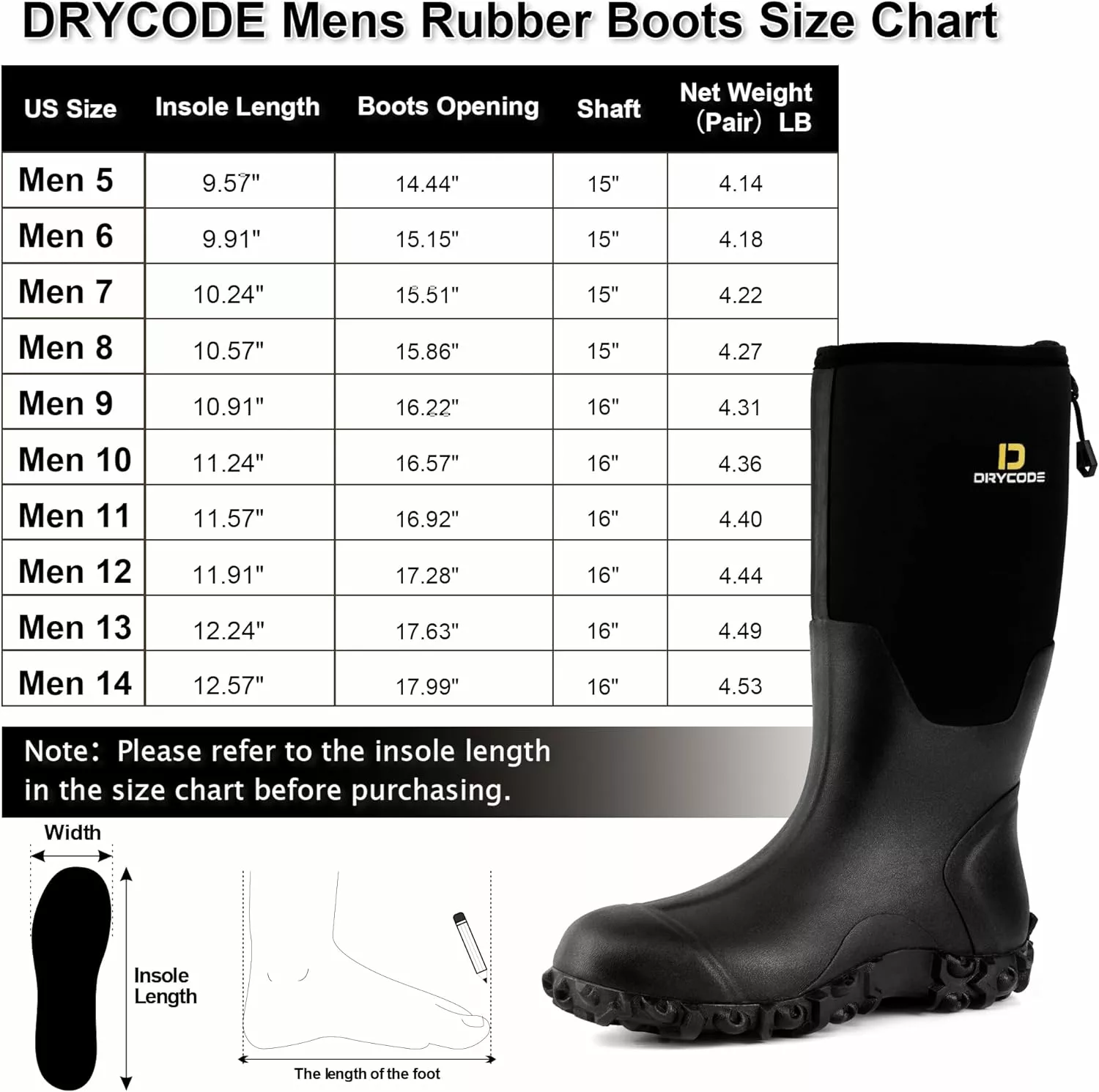 DRYCODE Bottes De Pluie Pour Hommes Avec Acier Shank, Waterproof Isolé En Caoutchouc Bottes De Travail, 5mm Néoprène Durable Boue Bottes Pour Chasse,Pêche,Taille 5-14 7 DRYCODE Bottes De Pluie Pour Hommes Avec Acier Shank, Waterproof Isolé En Caoutchouc Bottes De Travail, 5mm Néoprène Durable Boue Bottes Pour Chasse,Pêche,Taille 5-14 – Image 5