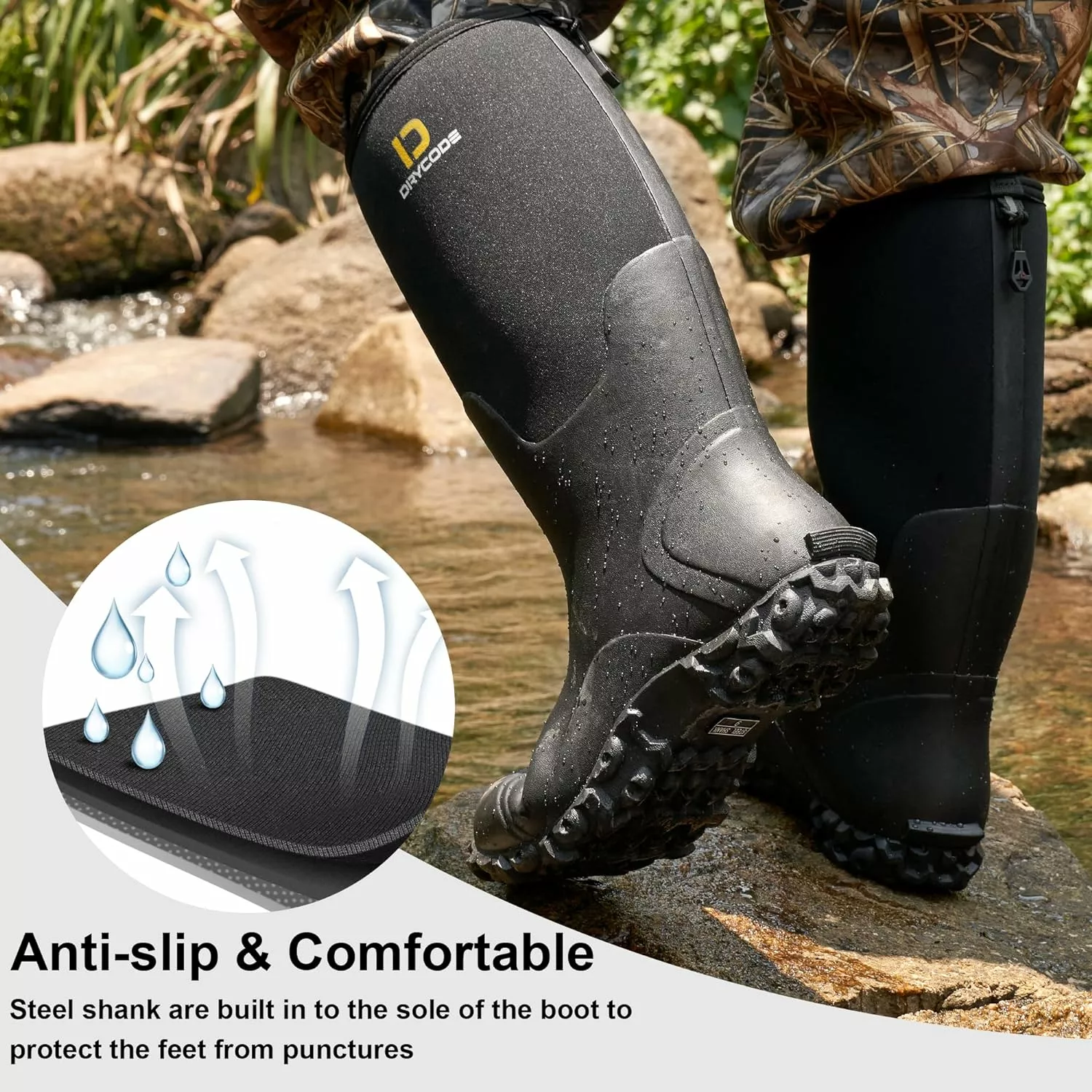 DRYCODE Bottes De Pluie Pour Hommes Avec Acier Shank, Waterproof Isolé En Caoutchouc Bottes De Travail, 5mm Néoprène Durable Boue Bottes Pour Chasse,Pêche,Taille 5-14 5 DRYCODE Bottes De Pluie Pour Hommes Avec Acier Shank, Waterproof Isolé En Caoutchouc Bottes De Travail, 5mm Néoprène Durable Boue Bottes Pour Chasse,Pêche,Taille 5-14 – Image 3